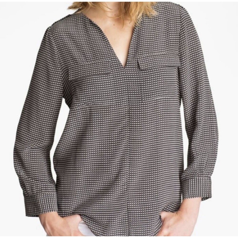 Joie Marlo Silk Split Neck  3/4 Sleeve Blouse Geometric Print Gray White Career